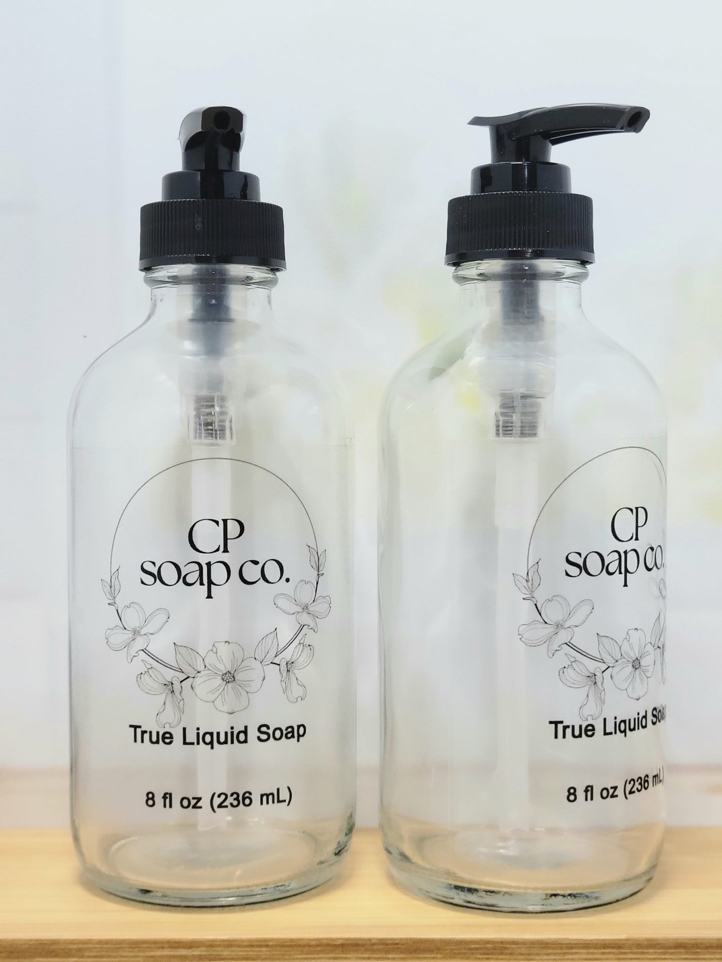 8oz glass pump bottle for true liquid soap refills front and side view