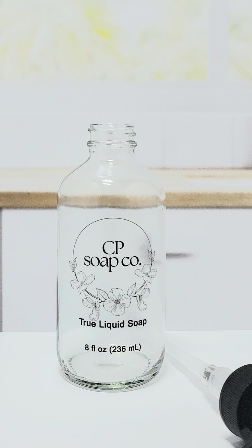 8oz glass pump bottle for true liquid soap refills with pump removed for filling