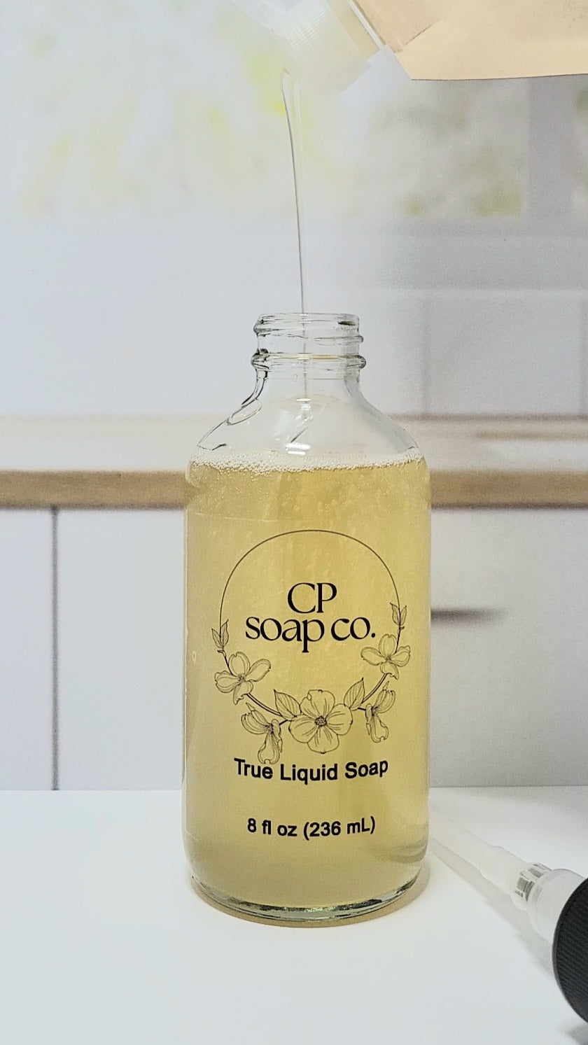Filling the 8oz glass pump bottle with a true liquid soap pouch