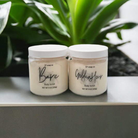 Handcrafted fragrance free Bare Body Scrub and Handcrafted Golden Hour Body Scrub citrus and peach and musk