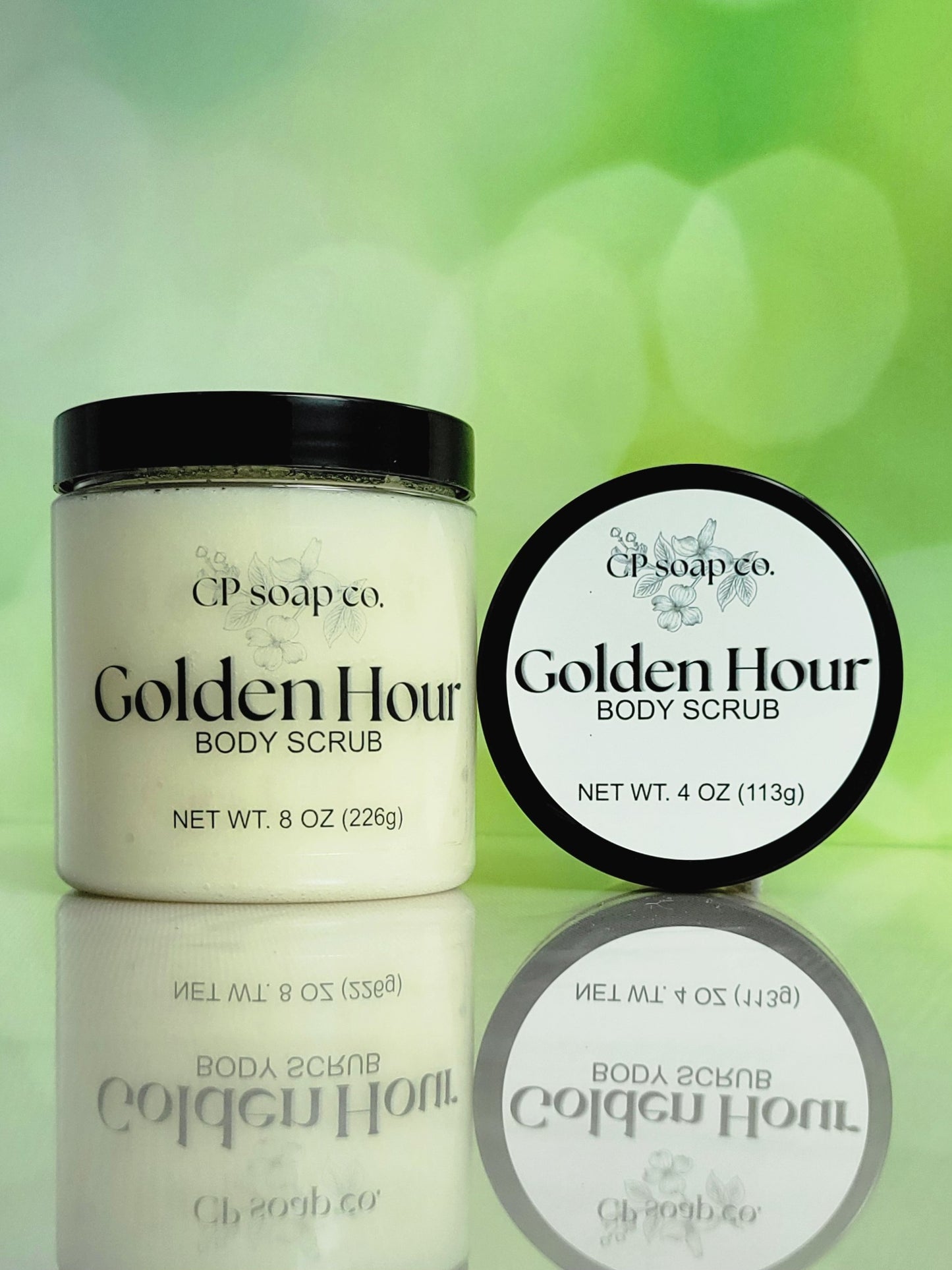CP Soap Co. Golden Hour body scrub packaging on a green blurred background
