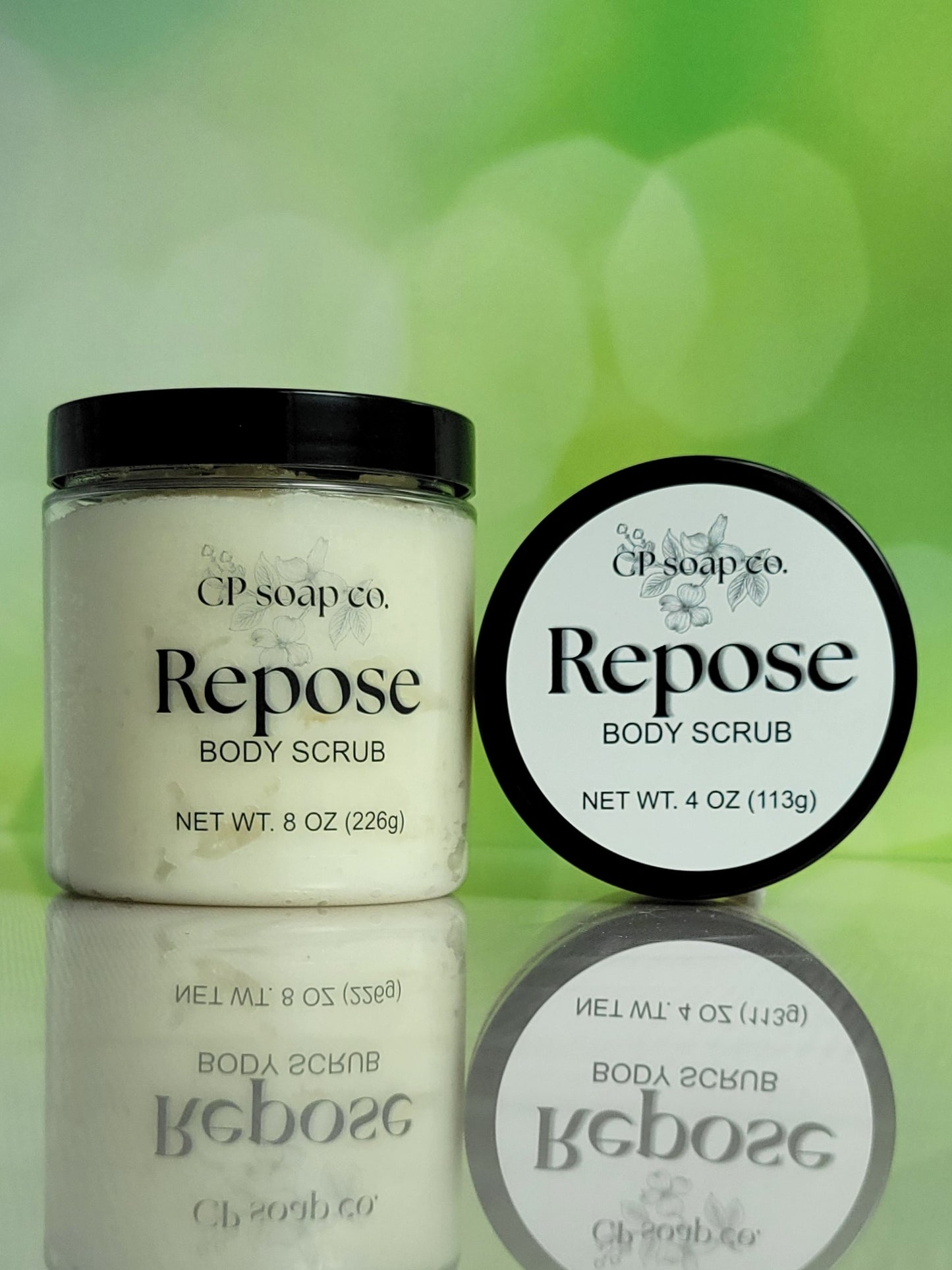 CP Soap Co. Repose Body Scrub with packaging on a green background